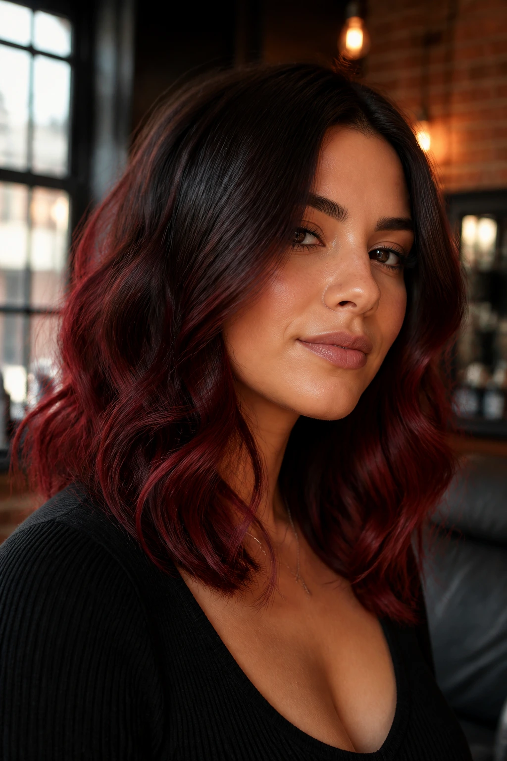 Close-up portrait of a real woman with cherry cola ombre hair