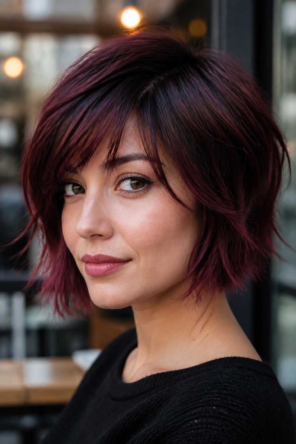 Close-up of short hair with cherry cola shadow root and piecey ends