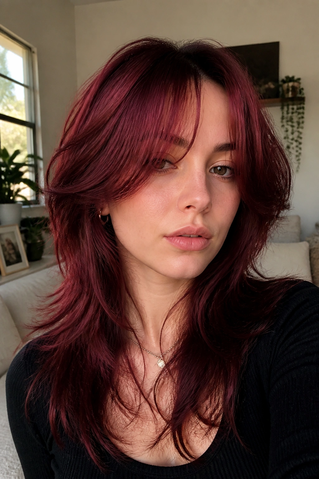 Portrait of a real person with cherry cola red wolf cut and long curtain bangs, natural light.