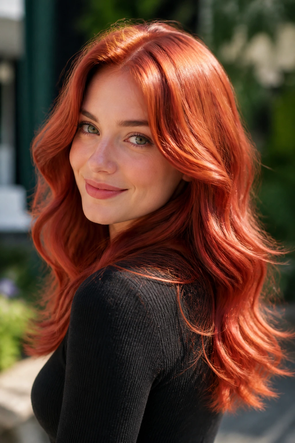 Close-up portrait of a real person with cherry copper hair in bright daylight
