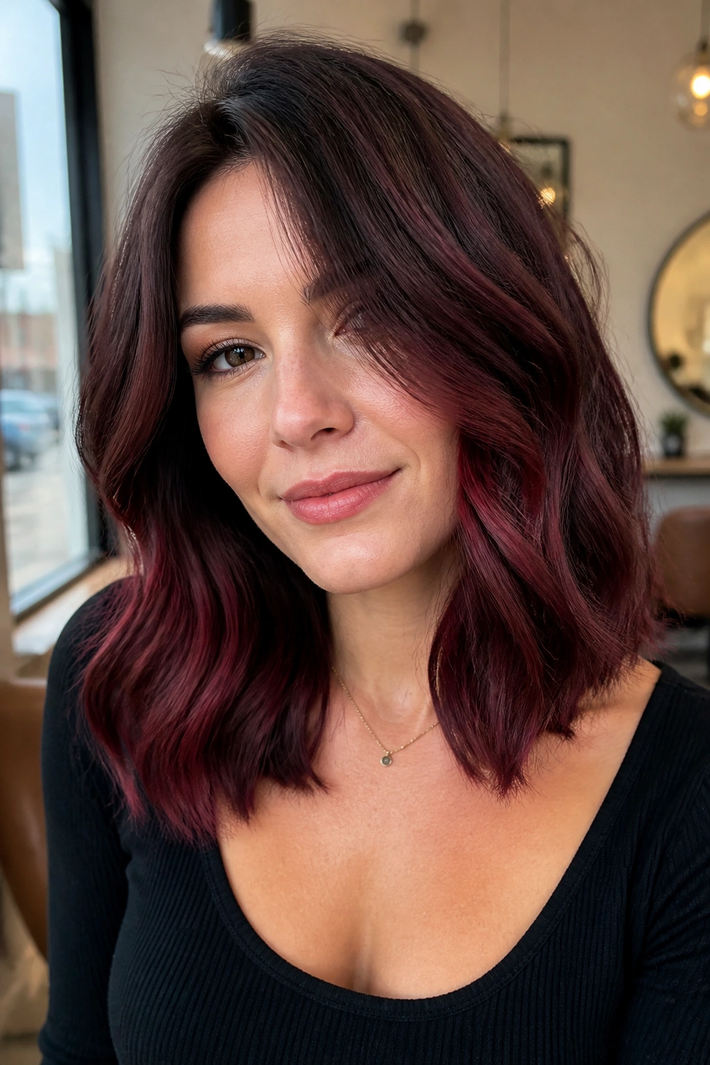 Close-up portrait of real woman with cherry mocha lob hair showing mocha base and cherry glaze