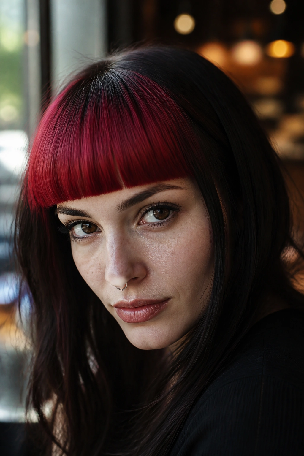 Close-up of a real woman with cherry red blunt bangs under cafe window light