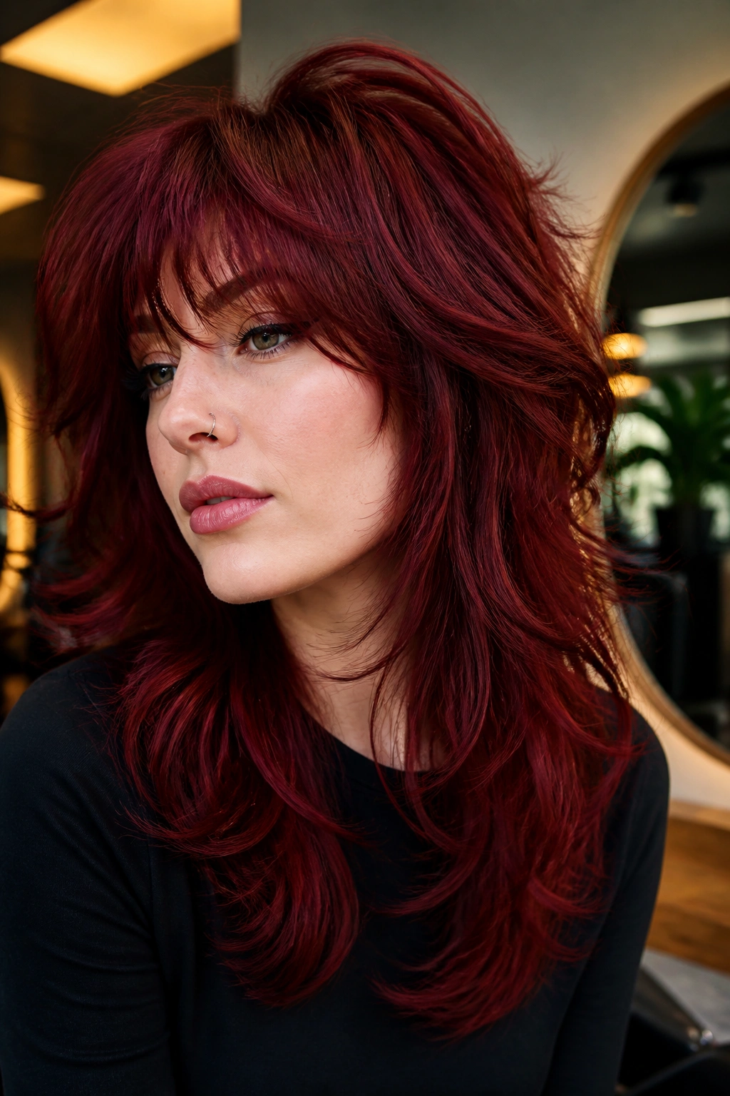 Portrait of a real person with cherry red shag wolf cut on thick hair.