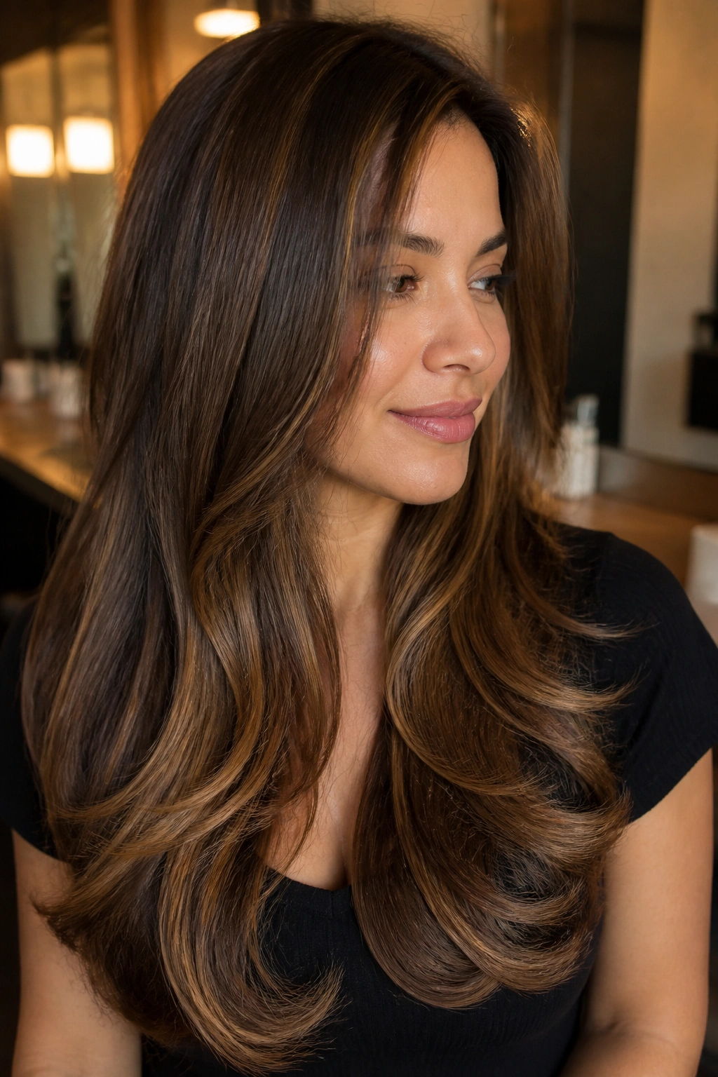 Shoulder-to-chest length hair with thick caramel ribbons along the length