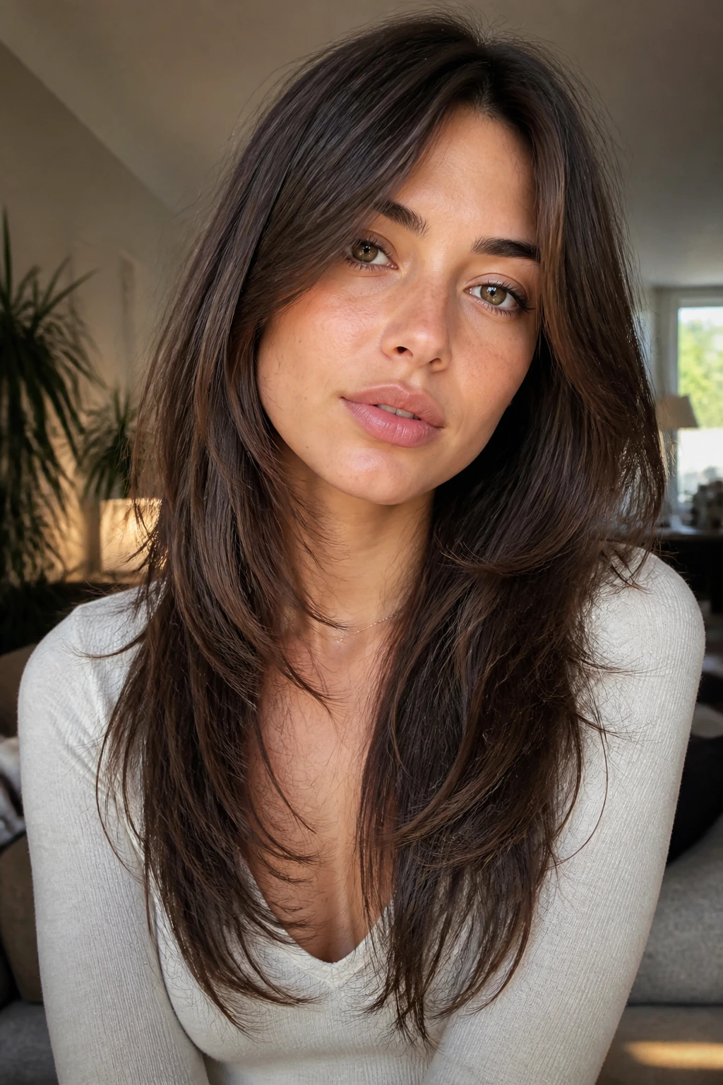 Close-up portrait of a real woman with chest-length shag and long interior layers