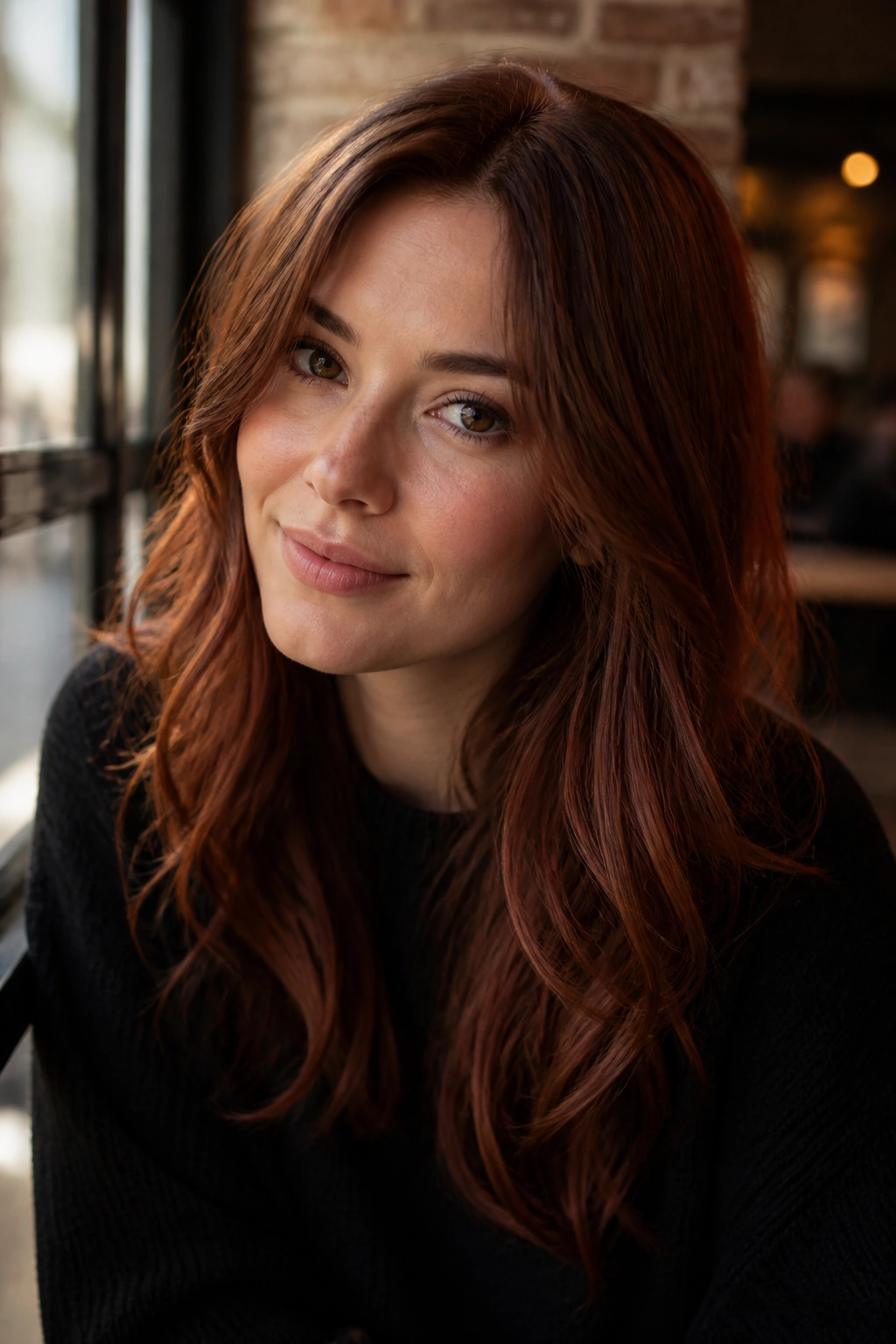 Close-up portrait of a real person with chestnut auburn hair in a cafe setting