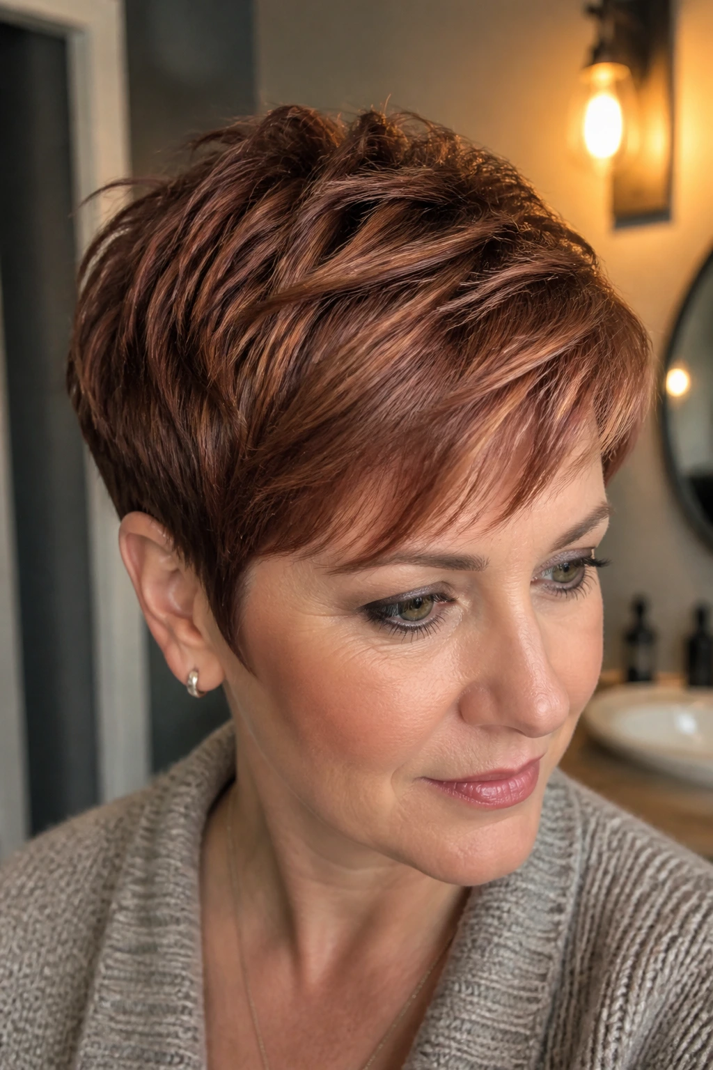 Close-up of a real person with chestnut auburn pixie and baby lights in warm bathroom lighting.