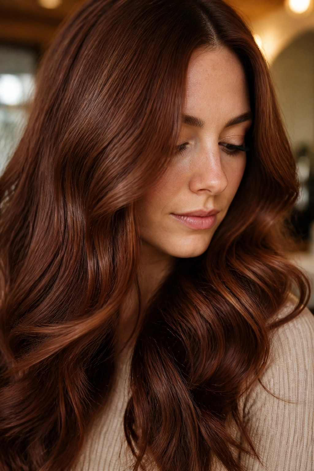 Close-up of chestnut auburn hair with satin finish on a real person
