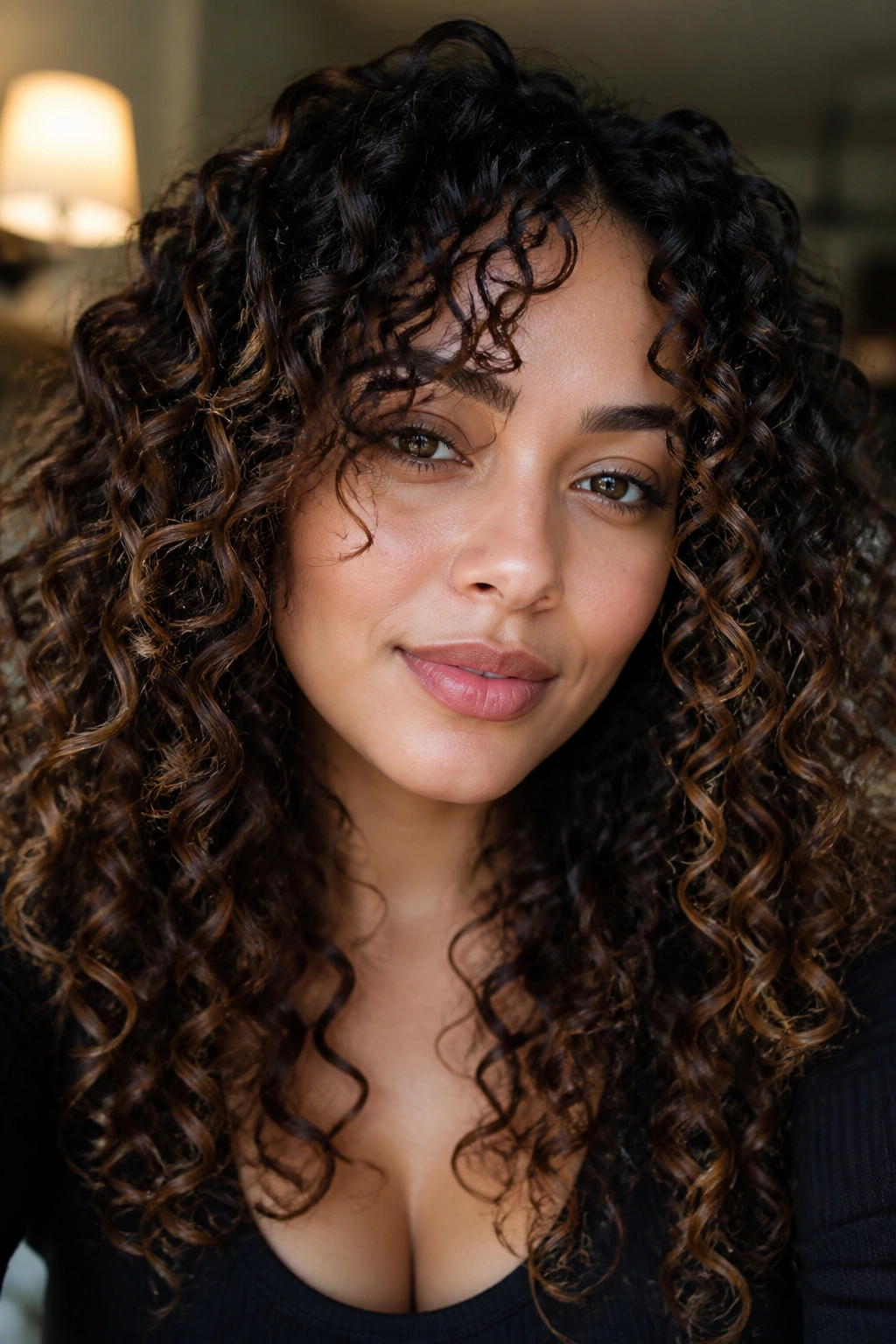 Close-up of a real woman with Type 3 curls and subtle chestnut babylights around the face