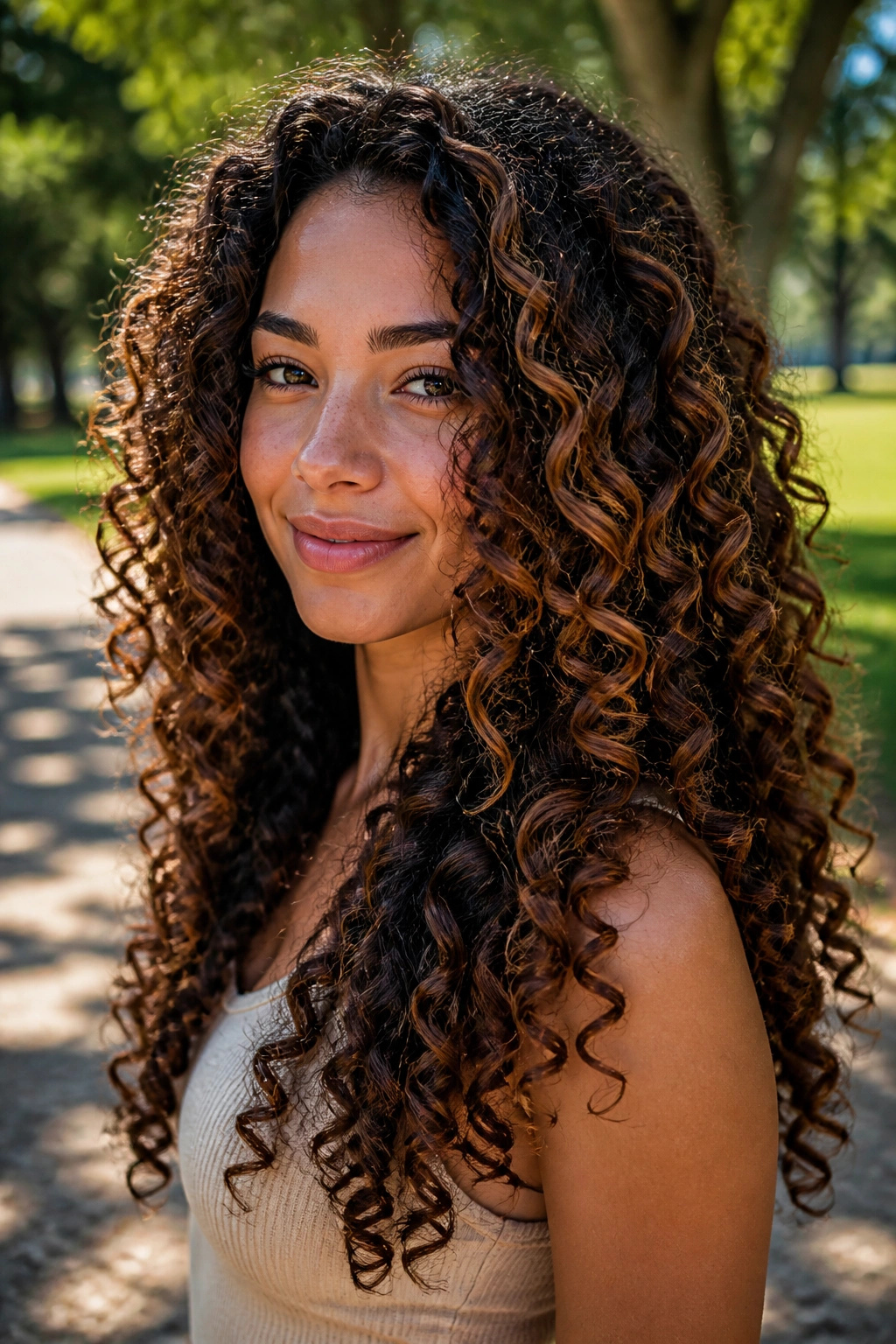 Close-up of a real woman with long corkscrew curls and chestnut balayage in sunlight.