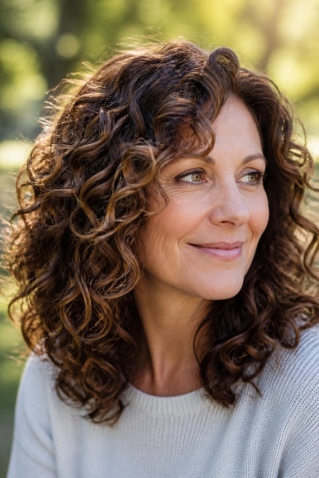 Close-up of chestnut balayage on curly hair on a real woman in natural outdoor light