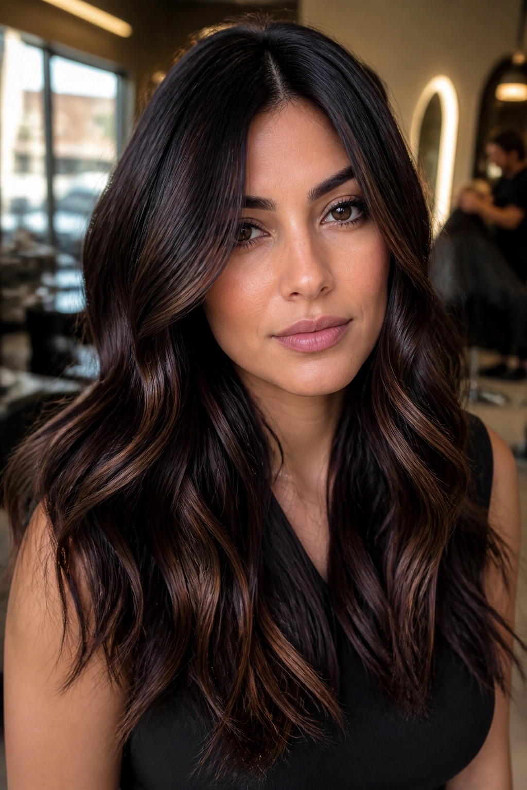 Chestnut balayage on espresso brown hair close-up portrait with warm window light