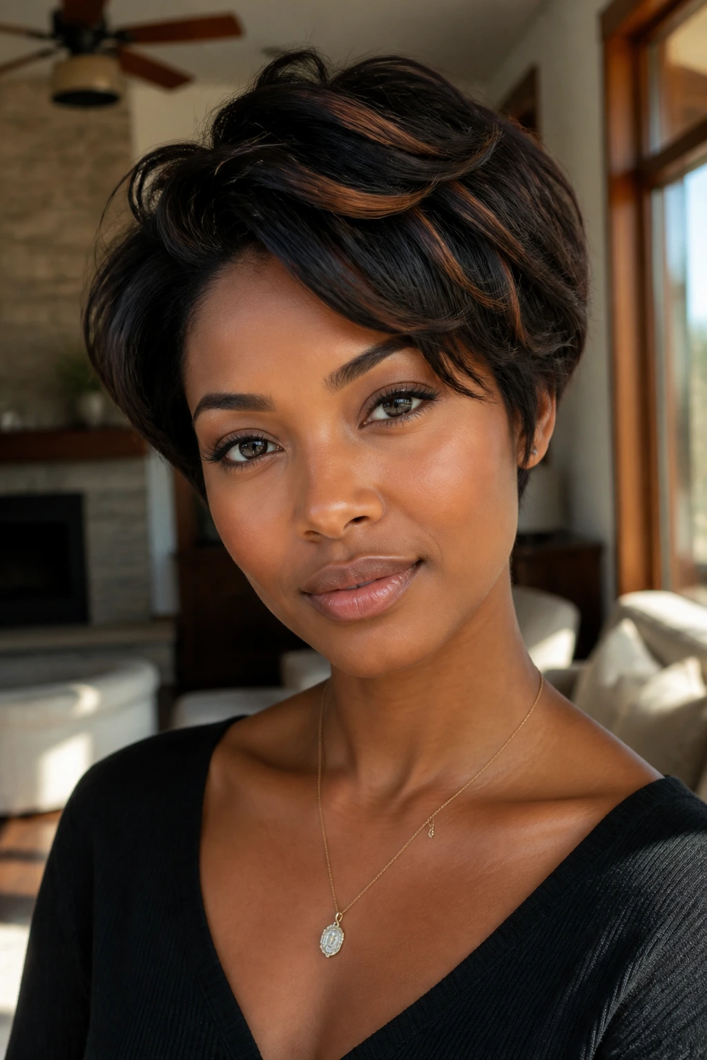Close-up of a real person with short black hair showing chestnut balayage on top layers.