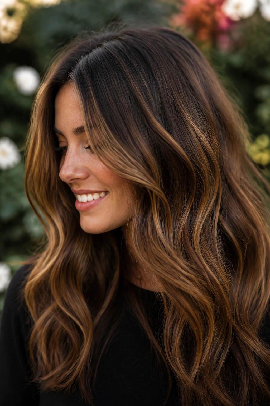 Close-up of real woman with chestnut glow balayage in warm layered hair