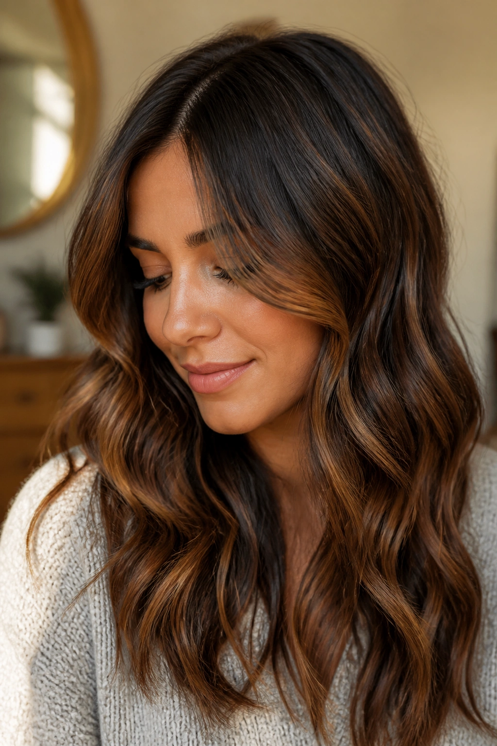 Close-up portrait of a real woman with chestnut balayage on loose waves.