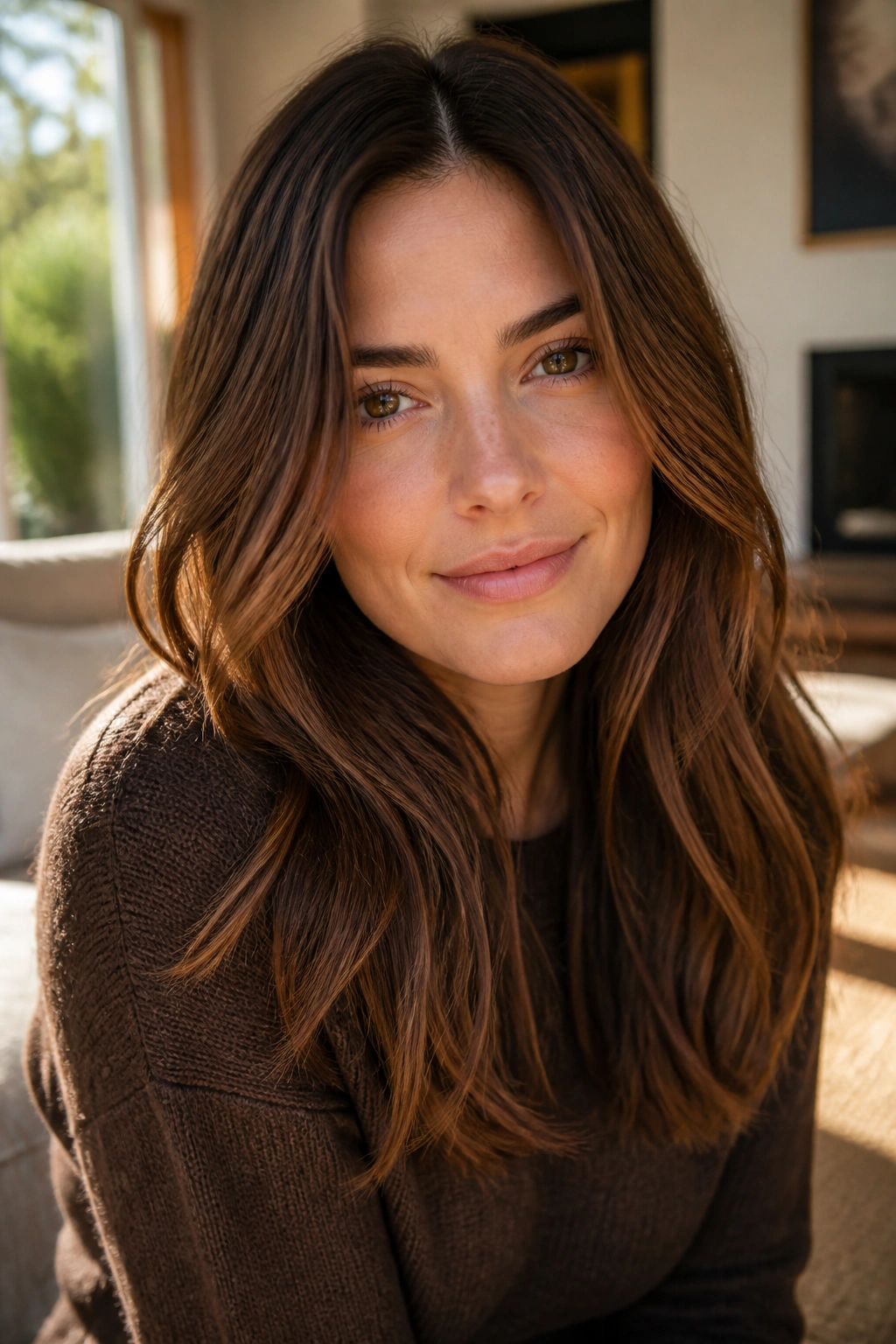 Close-up portrait of a real woman with chestnut brown hair and cinnamon lights.