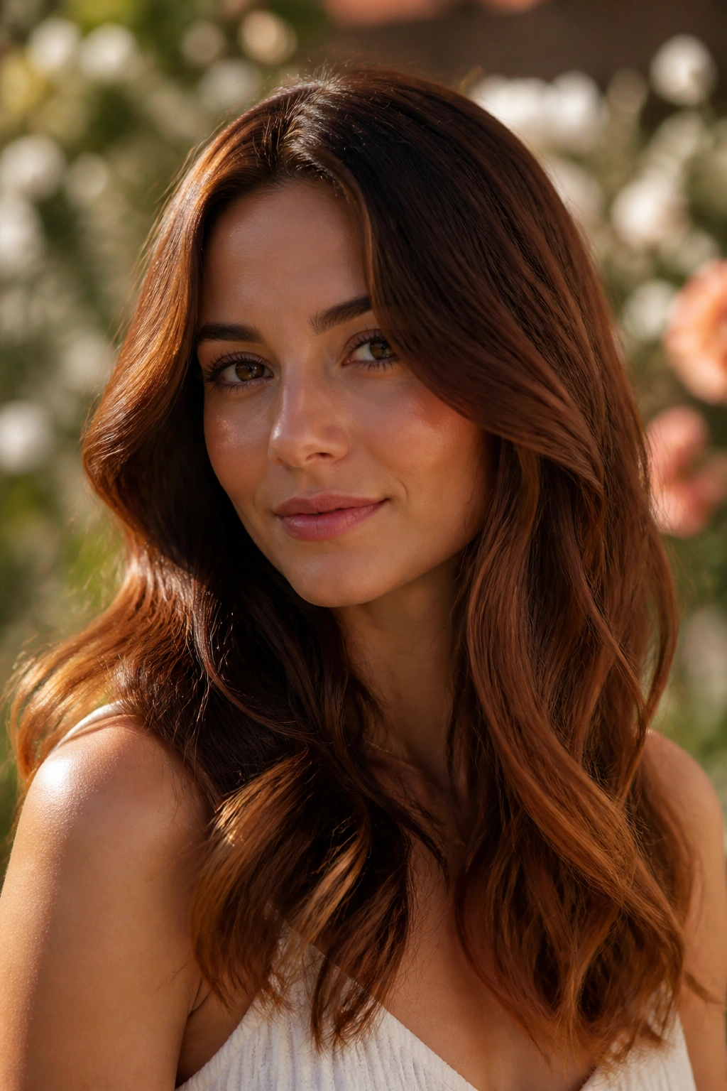 Close-up of a real woman showing chestnut brown hair with copper-tinted ends in sunlight