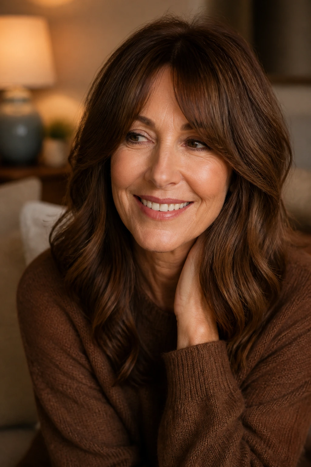 Close-up of a real woman with chestnut brown hair and curtain bangs