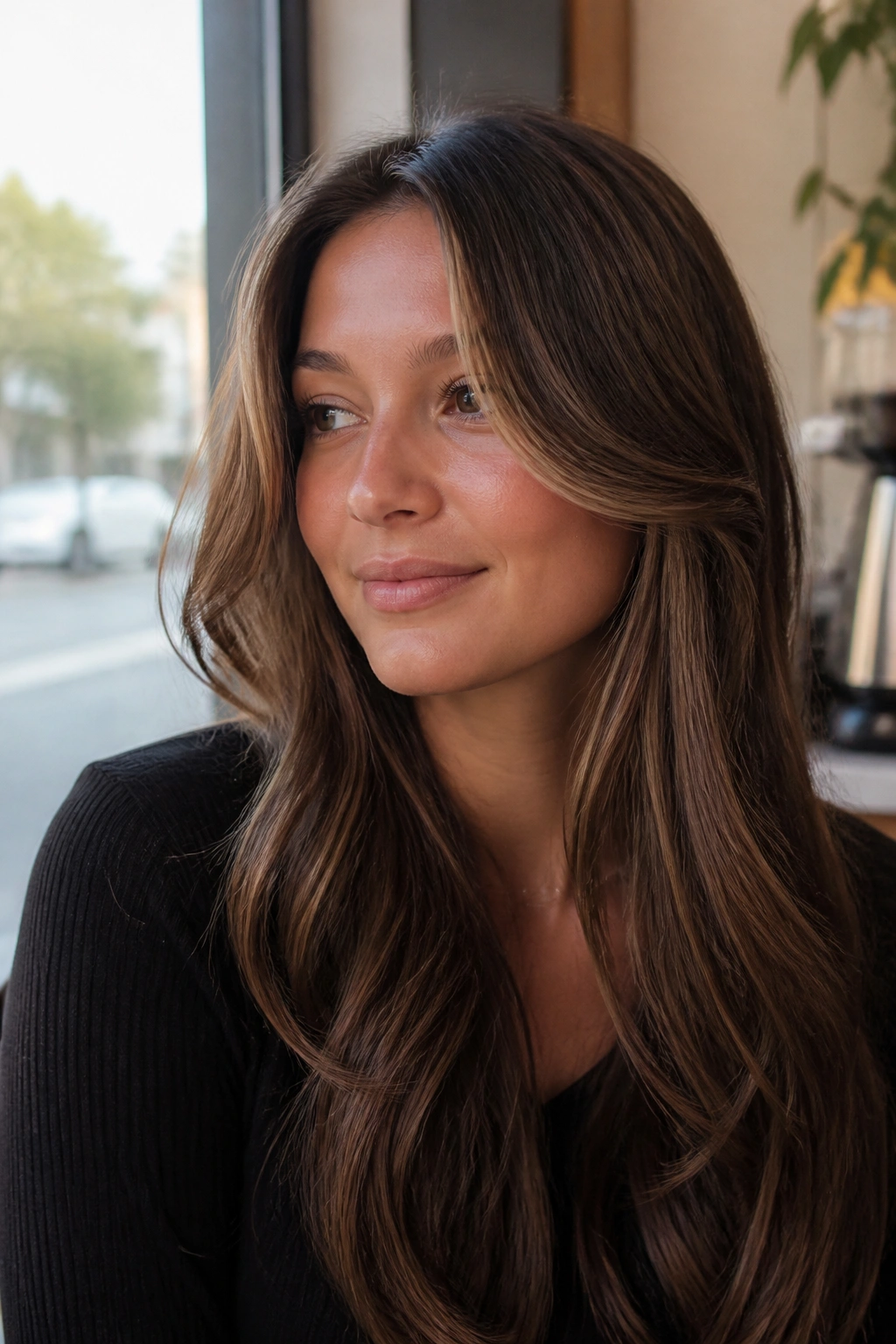 Close-up of a real woman with chestnut brown base and face-framing highlights by a sunny cafe window