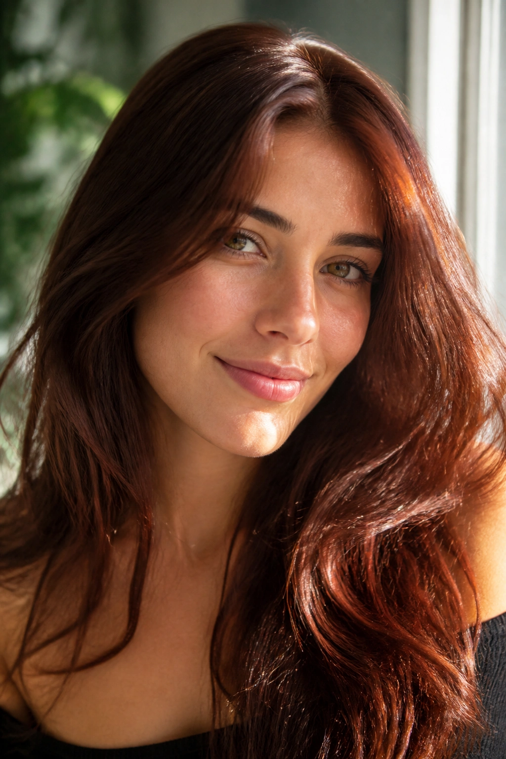 Close-up portrait of a real person with chestnut brown hair near a sunlit window