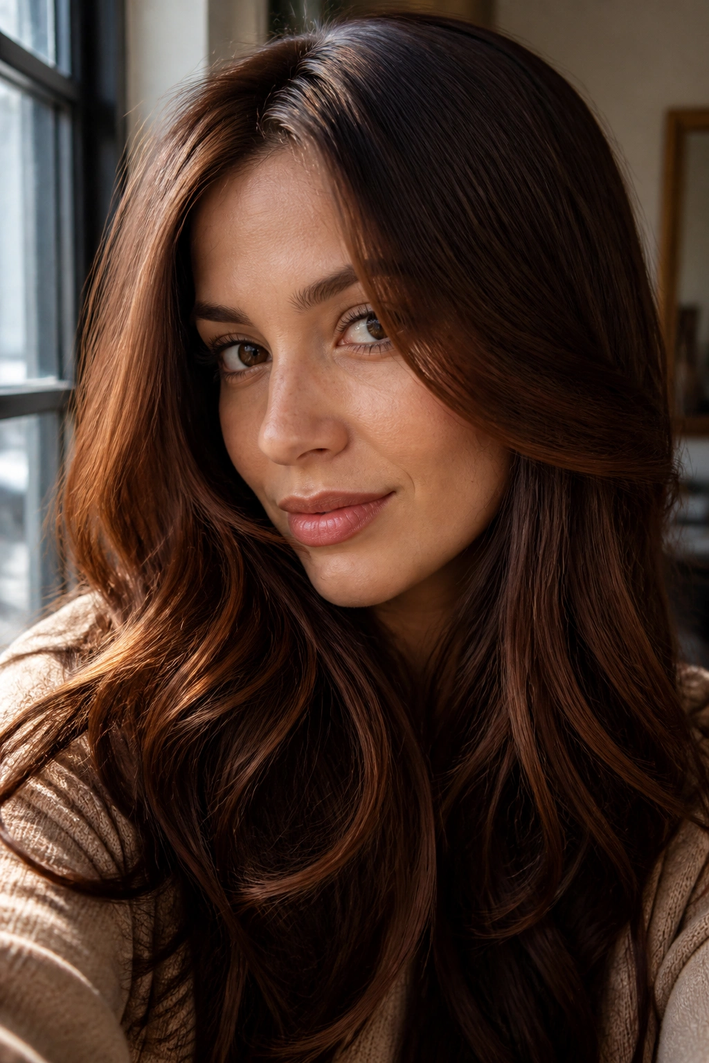 Close-up chestnut brown hair with red-brown glow