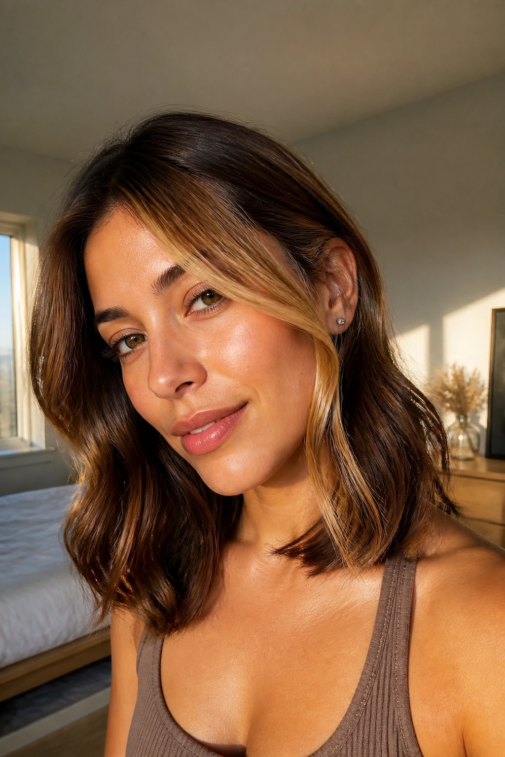 Close-up of a real person with chestnut brown hair and honey face-framing pieces