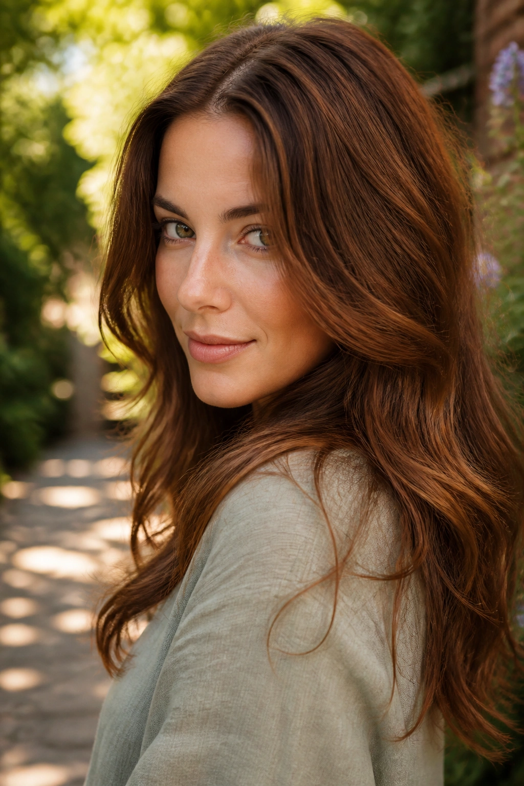 Real woman with warm Chestnut Brown hair in outdoor sunlight