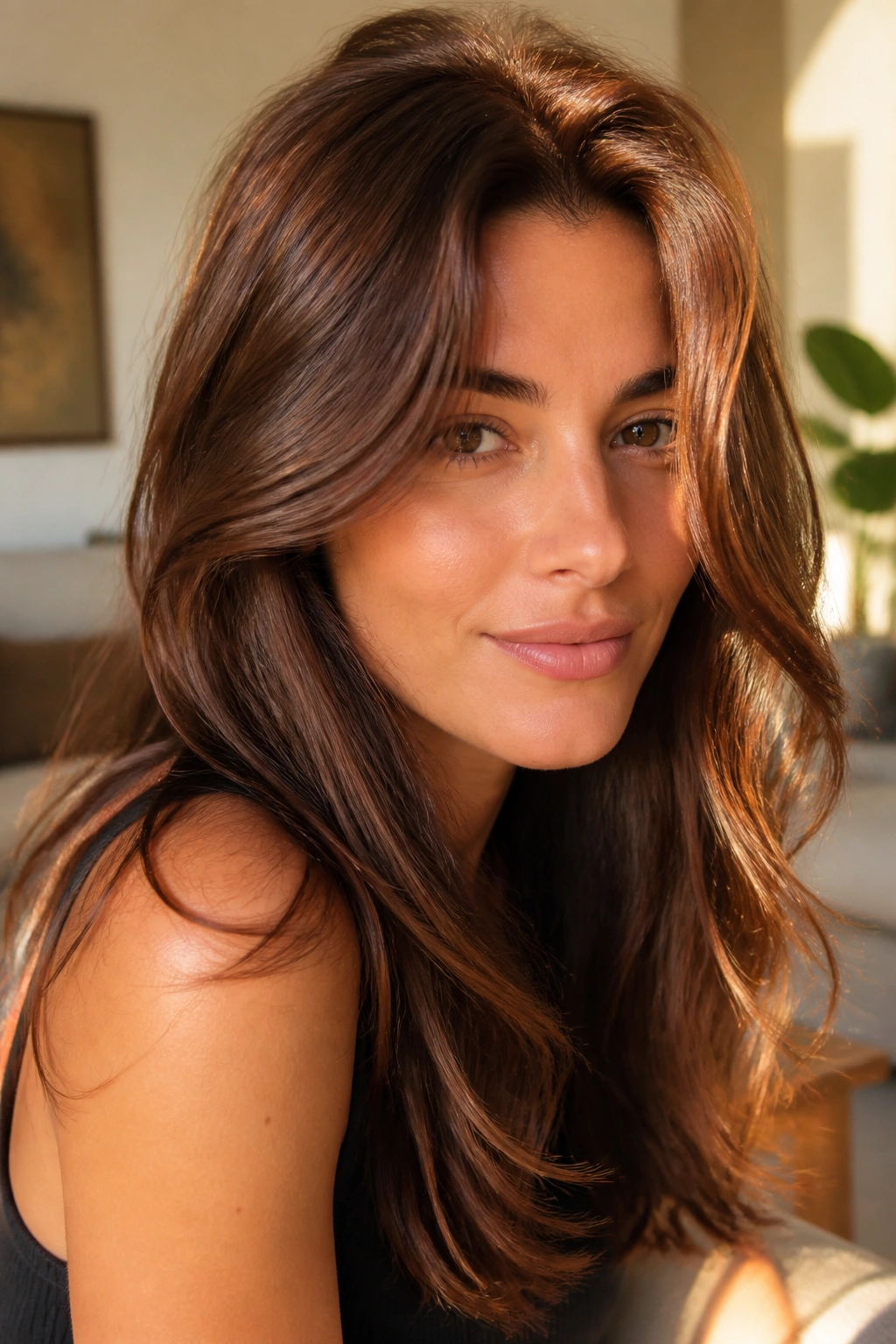Close-up of chestnut brown hair with warm sunlight glow on a real person