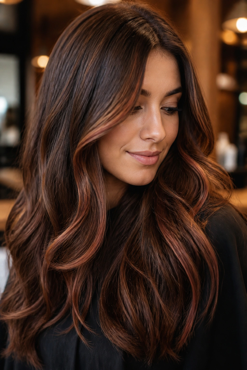 Chestnut brunette hair with copper threads close-up