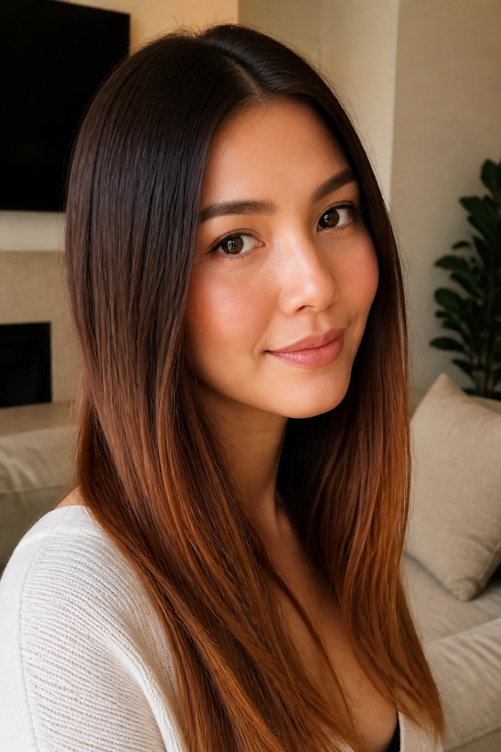 Close-up portrait of a woman with chestnut to cinnamon fade ombre