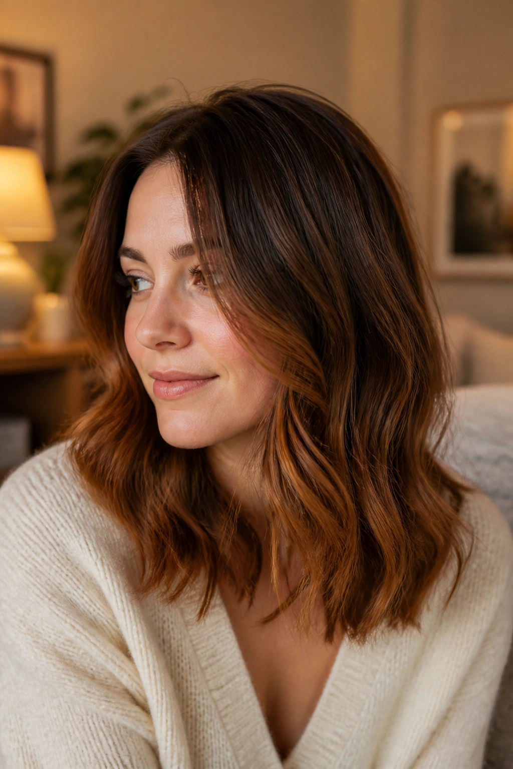 Close-up portrait of a real woman with chestnut to cinnamon melt ombre on medium-length hair.