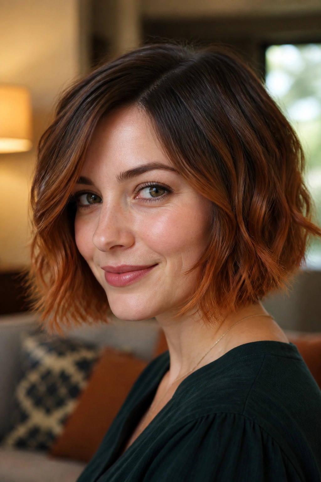 Close-up of chestnut-to-copper ombre bob on a real woman in a warm room