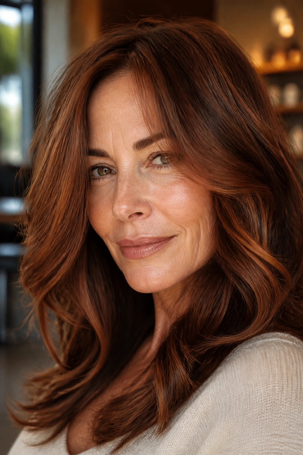 Portrait of a woman with chestnut brown hair and copper glow