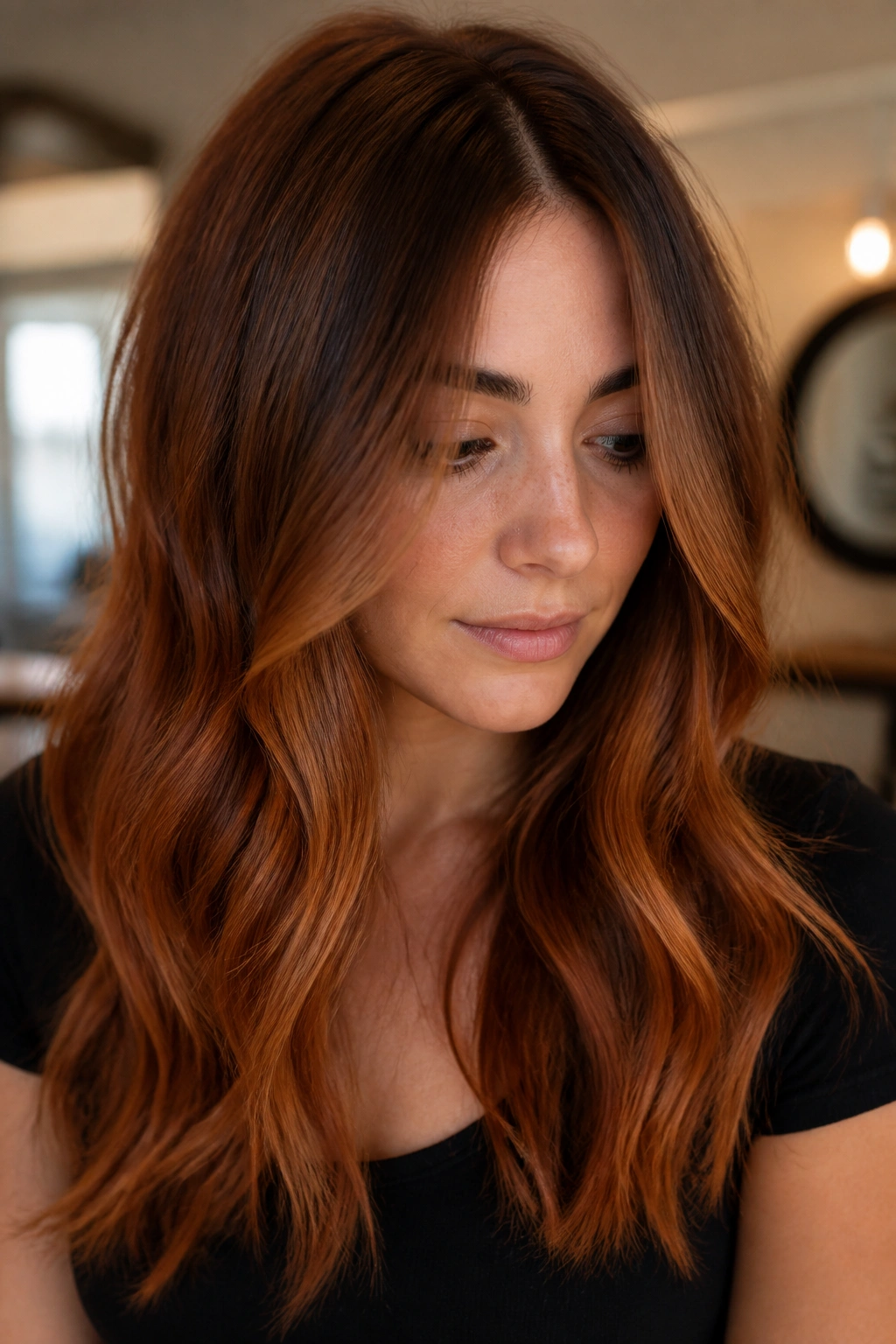Close-up portrait of a real person with chestnut to copper melt.