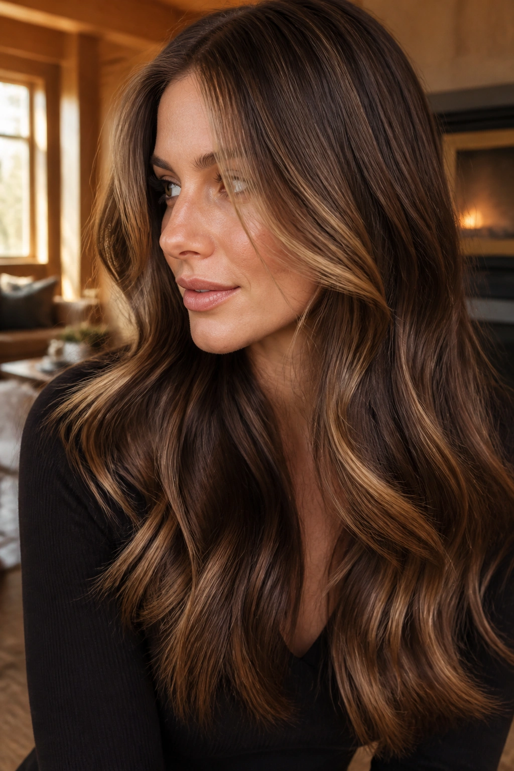 Close-up portrait of a real woman with chestnut depth blend hair showing brunette and blonde ribbons