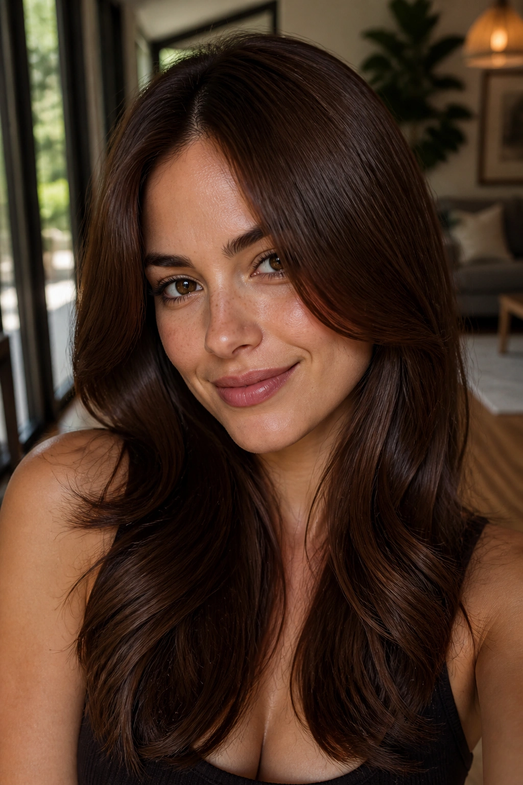 Close-up of chestnut gloss on brown hair with a rich one-tone finish