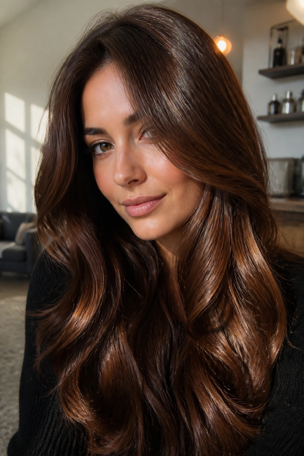 Brunette with chestnut gloss creating a rich, glossy shine