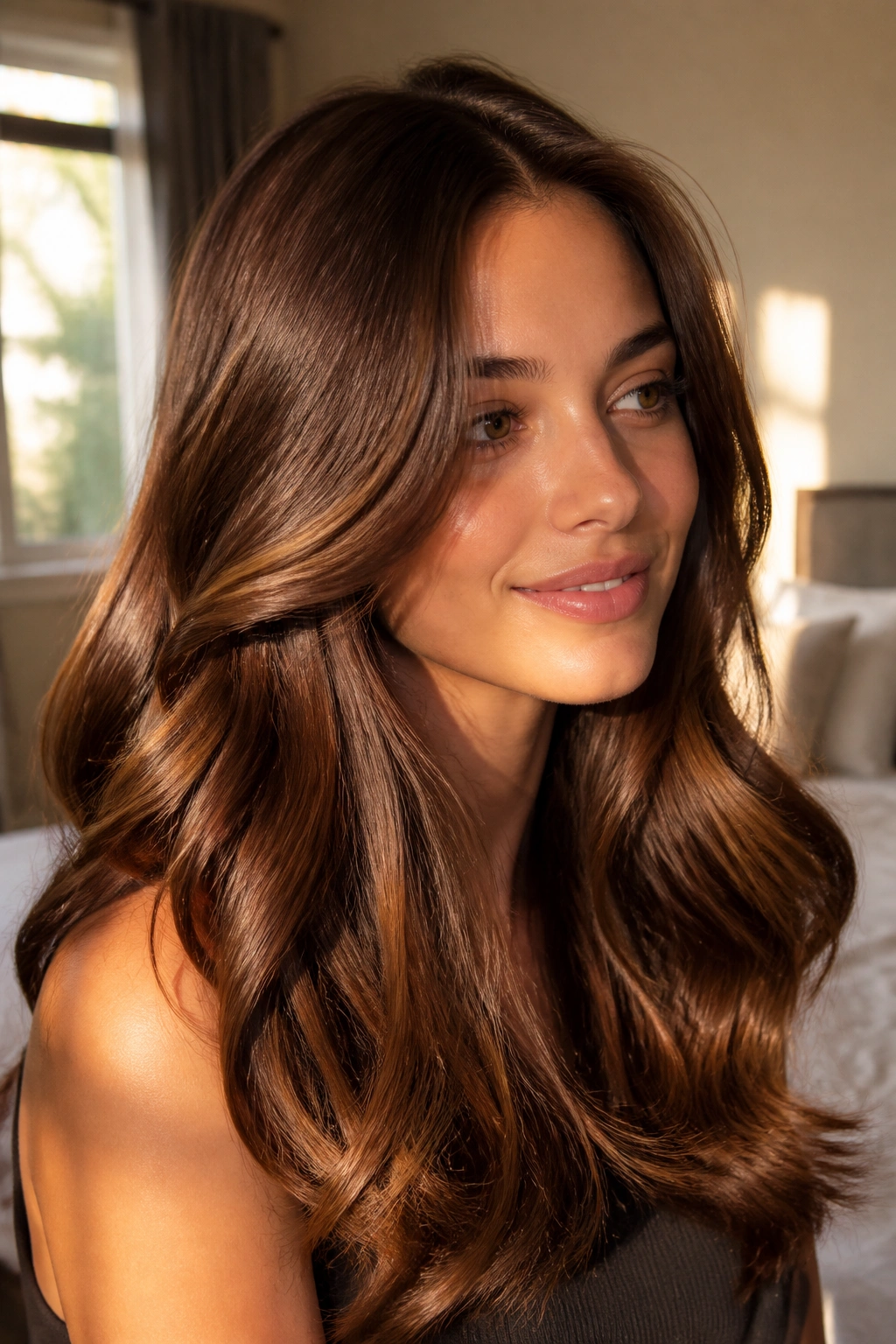 Close-up of a real woman with chestnut gloss hair and warm shine