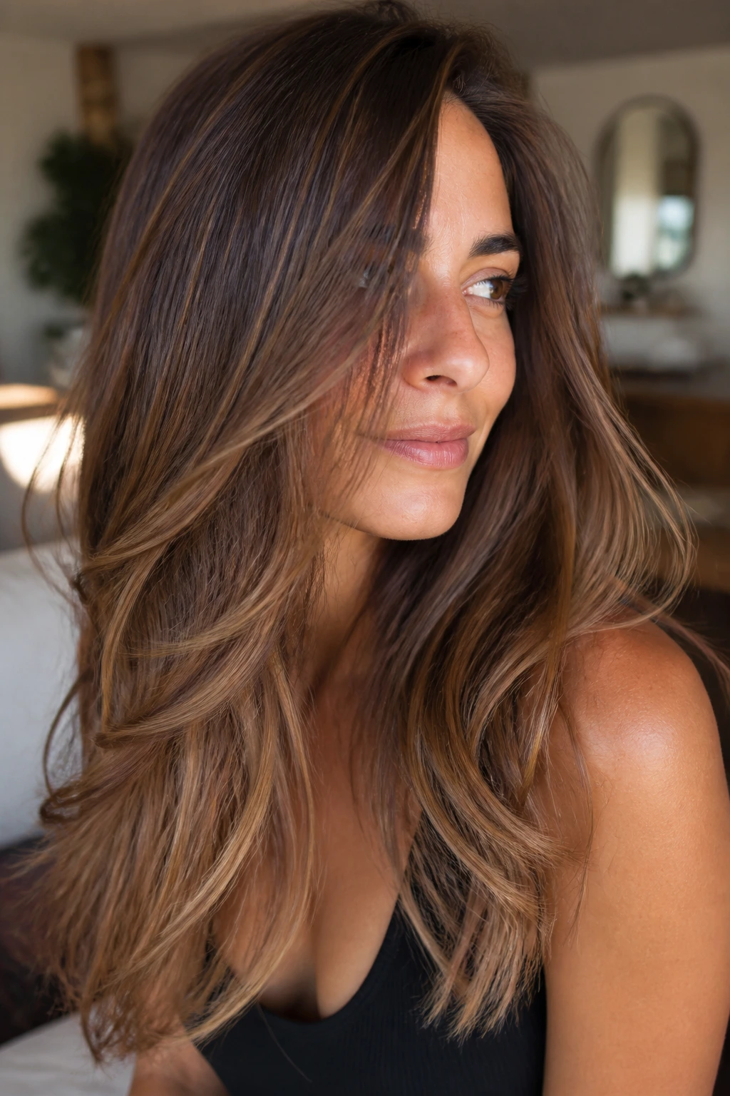 Brunette with chestnut gloss and lighter ends