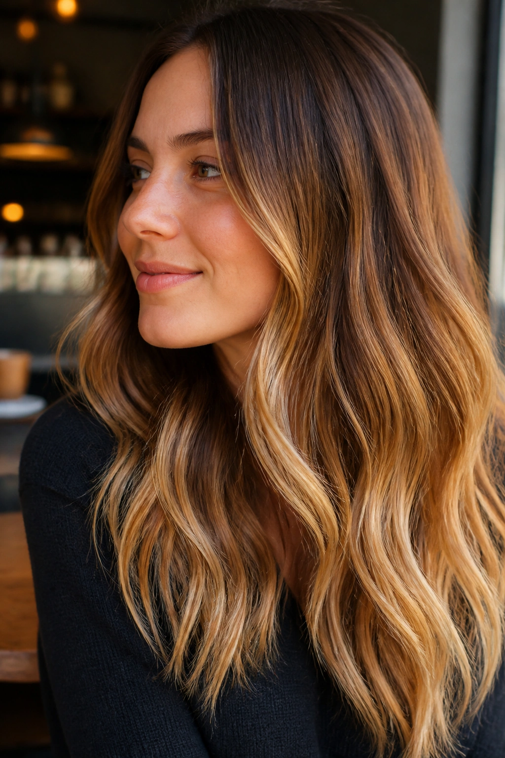Portrait of a real woman with chestnut to honey blonde ombre fade in soft waves