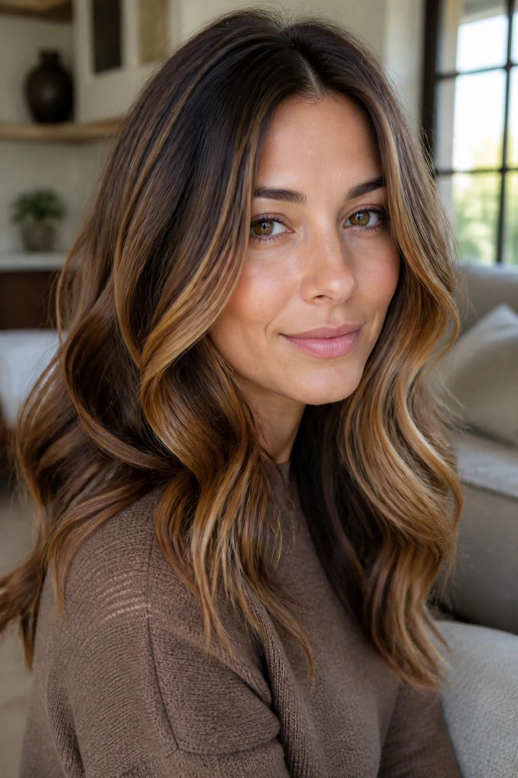 Close-up of chestnut hair with honey highlights in warm indoor light