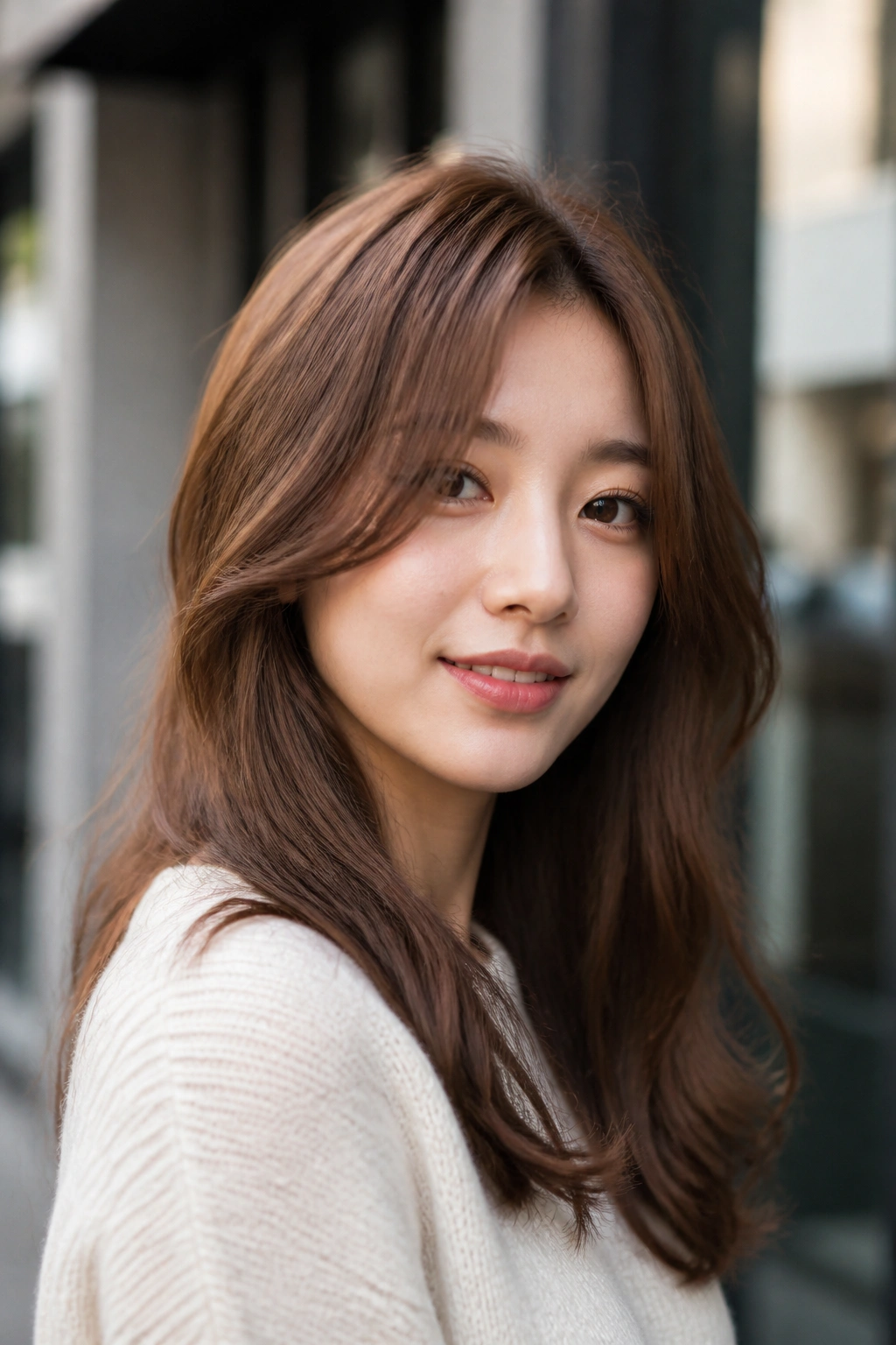Portrait of a woman with chestnut latte brown hair
