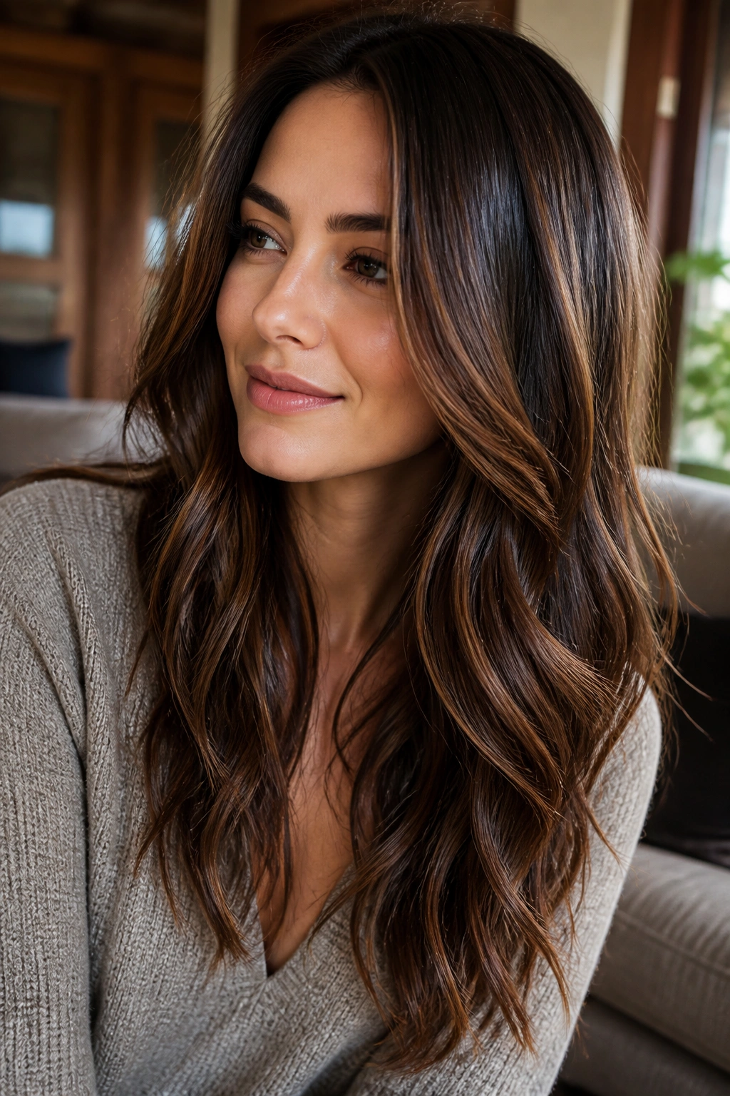 Close-up of a real woman with chestnut lowlights adding depth to brown hair.