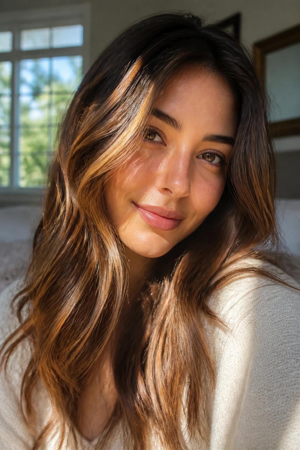 Close-up of a real woman with chestnut lowlights and warm highlights framing her face