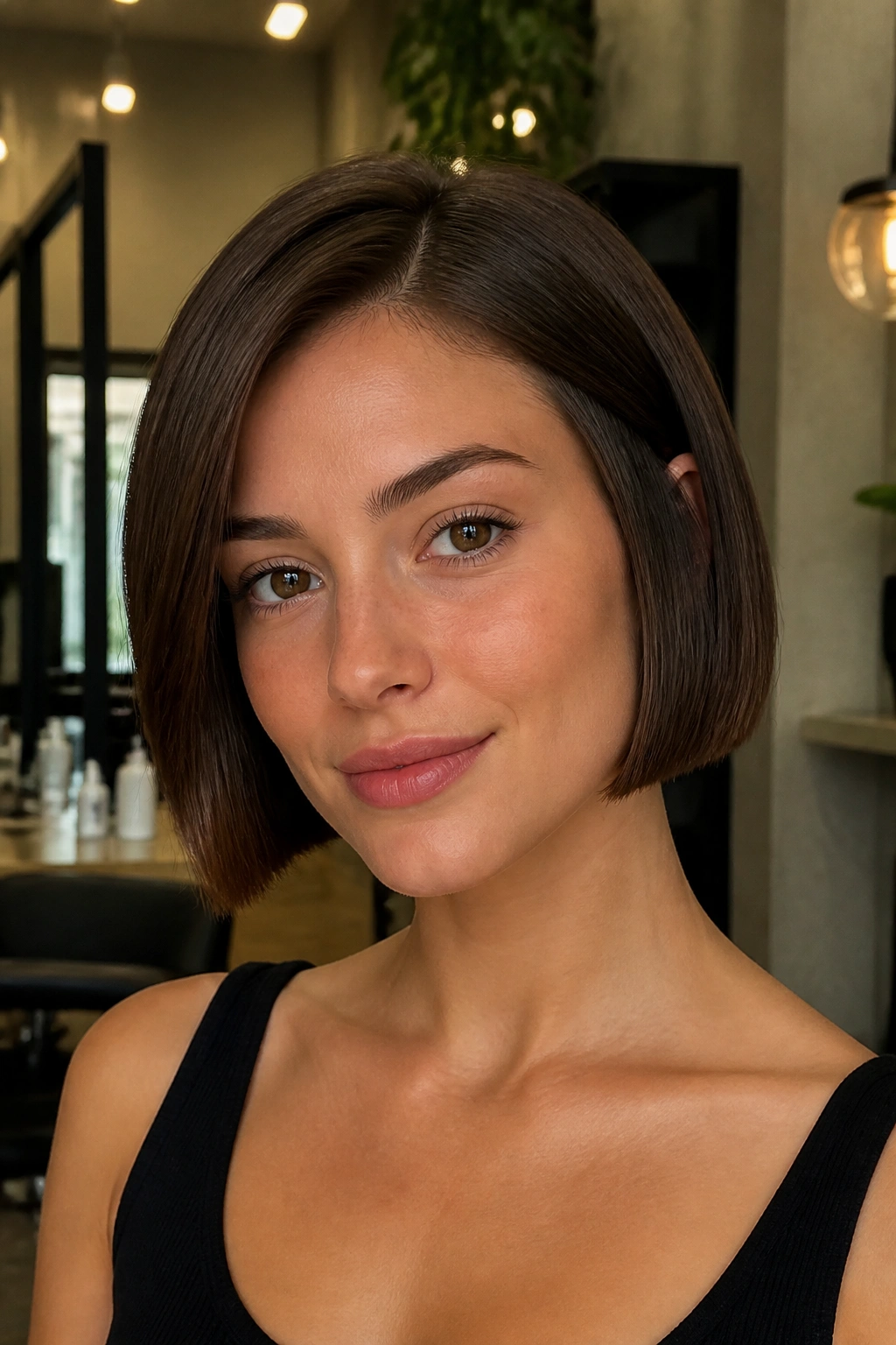 Chestnut micro bob close-up with blunt ends in chestnut brown