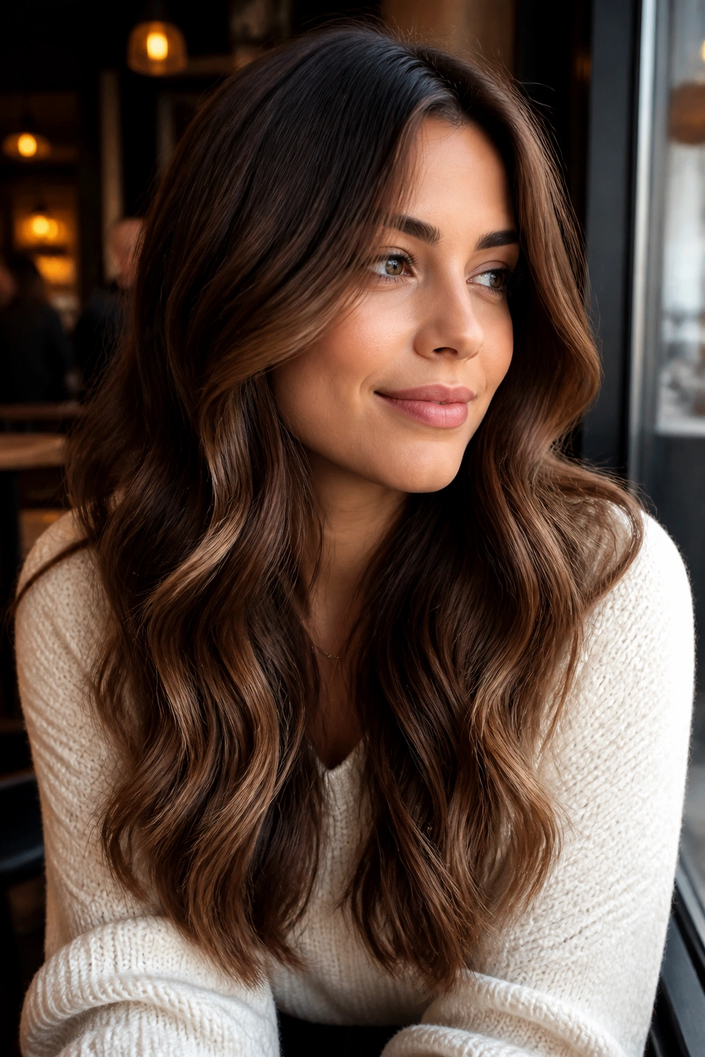 Close-up of a real woman with chestnut and mocha dimension in waves