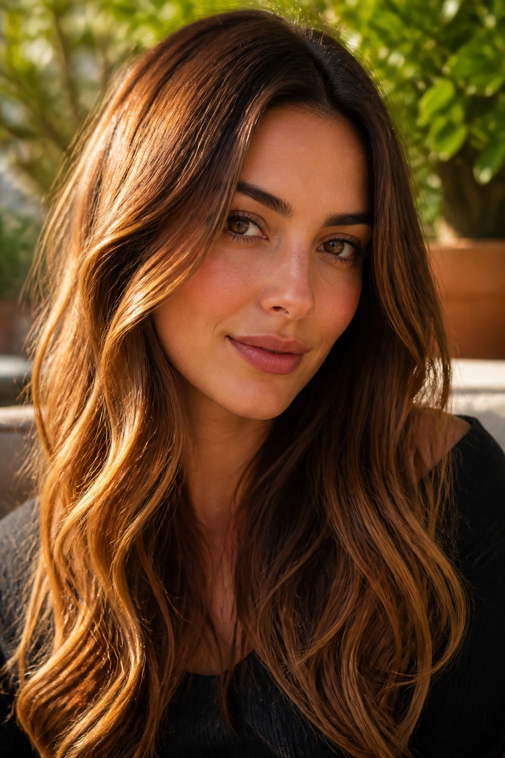 Close-up portrait of a real woman with chestnut ombré hair.