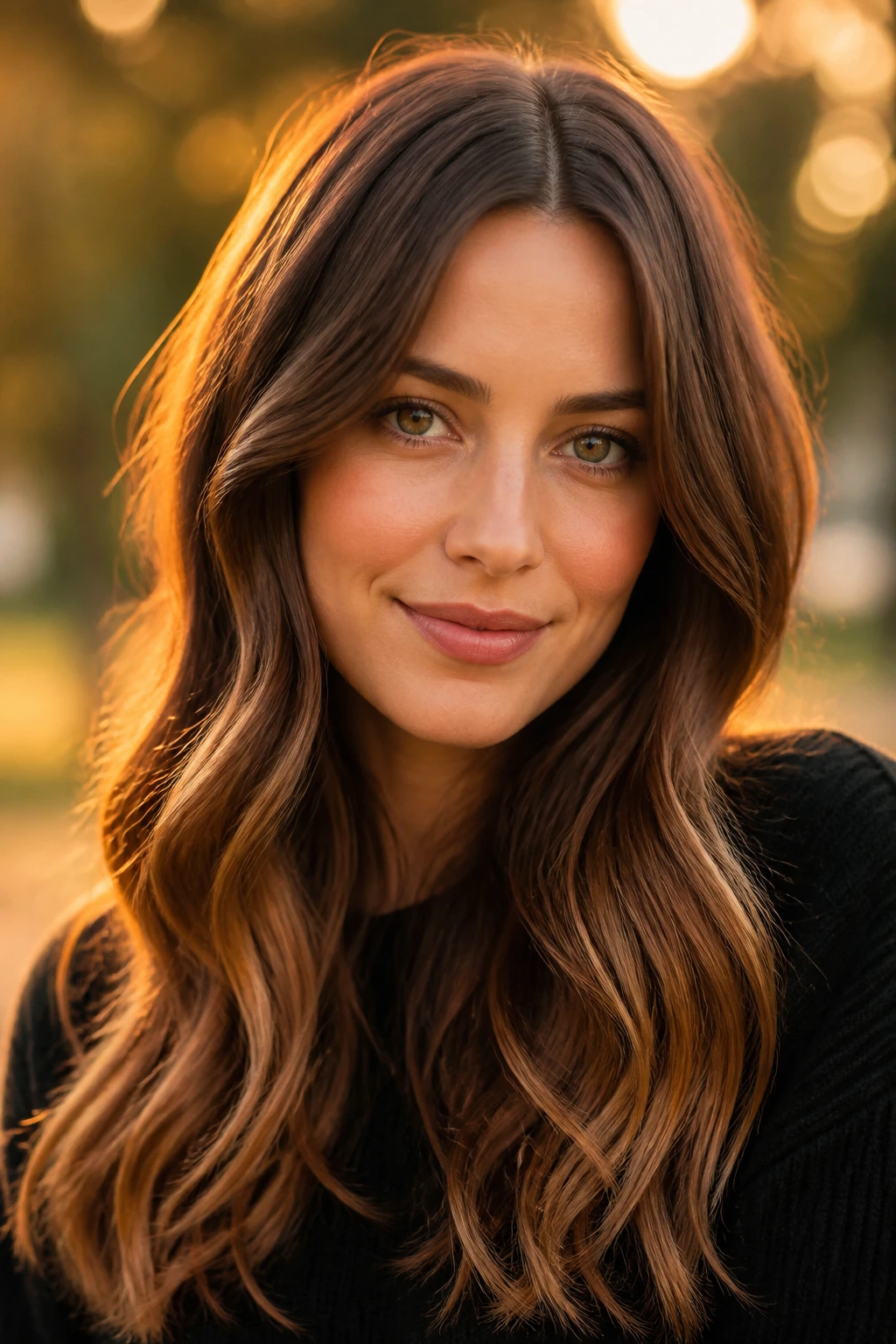 Close-up of a woman with chestnut ombré hair fading to lighter ends