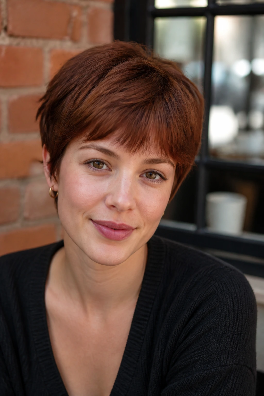 Close-up of a real person with a chestnut red short crop in warm light.