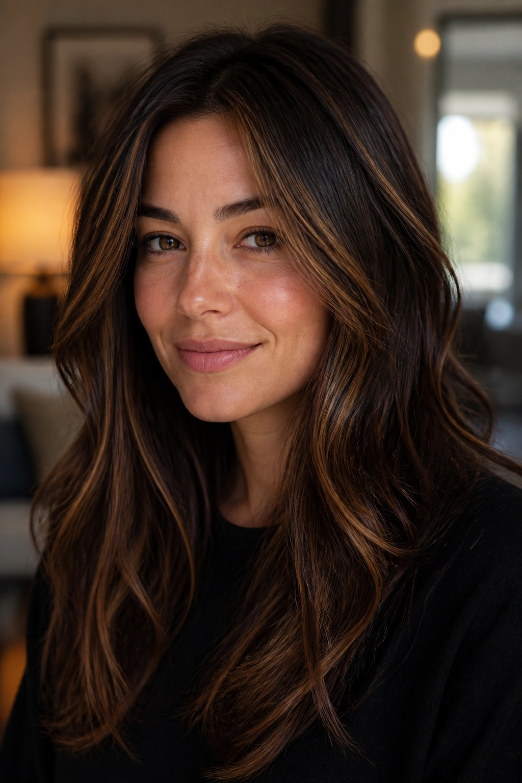 Real woman with brunette hair and chestnut ribbon highlights